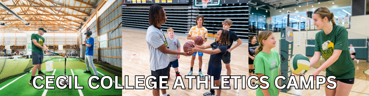 Photos of Cecil student-athletes alongside kids in different locations. The words cecil college athletic camps are featured.